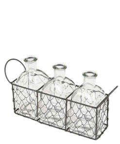 Location trio mini bouteilles en verre panier metal tressé decoration mariage